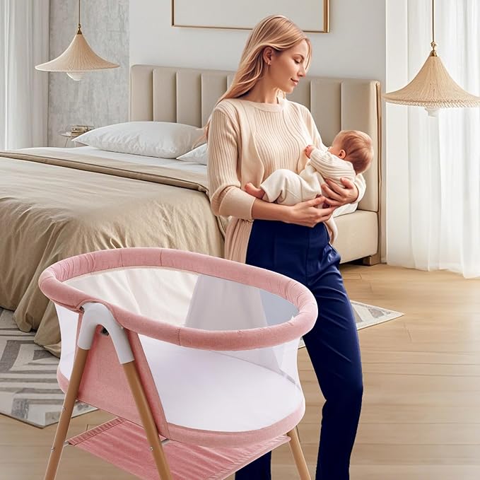Baby bassinets,3 in1 Baby Crib, Sturdy, Portable & Easy to Assemble,Mosquito net and Portable Bag Included. (Pink)