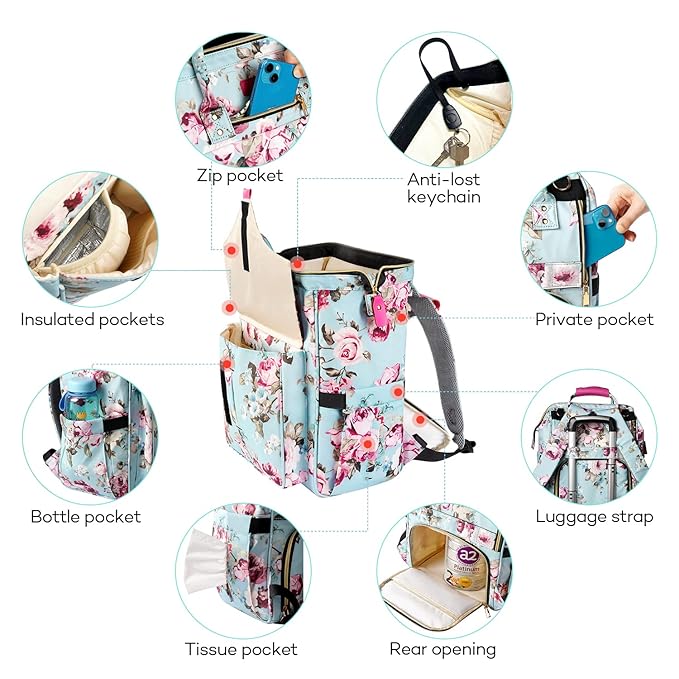 LitBear Diaper Bag Backpack, Large Capacity Multifunction Nappy Bags, Waterproof Baby Bag Floral Insulated Sturdy Travel Maternity Back Pack for Baby Girls with Diaper Pad Bottle Bag (Rose Flower)