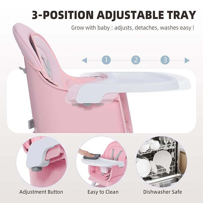 8 in 1 Baby Highchair, Convertible High Chair for Babies and Toddlers, Booster Seat w/5-Point Safety Belt, Toddler Building Block Table, Dishwasher Safe Tray, No Tool Install, Pink