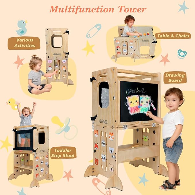 Toddler Kitchen Stool Helper, CPC Certified Foldable Toddler Tower, Learning Wooden Tower with Support Feet and Chalkboard, Anti-Drop Structure, Safe Design for Kids, Natural
