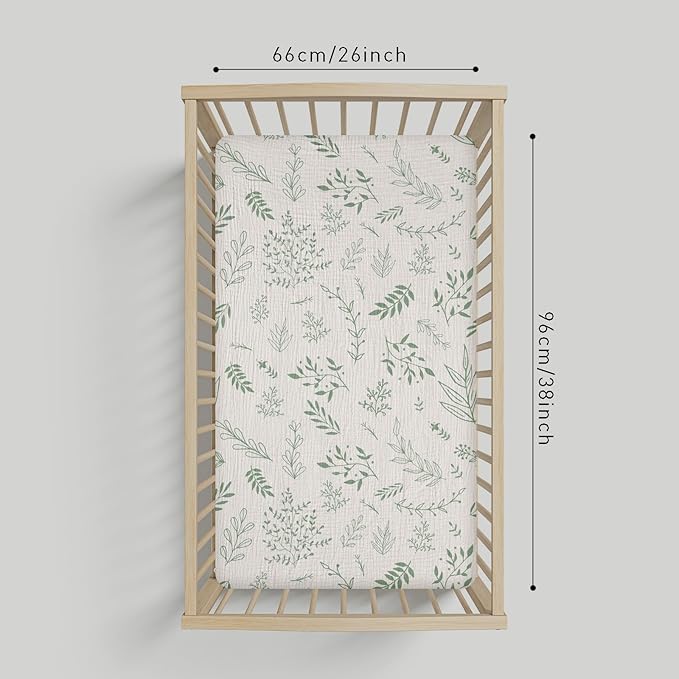 Muslin Mini Crib Sheets, 2 Pack for Baby Boy and Girl, Soft Breathable Stretchy Baby Pack N Play Mattress and Mini Cribs Sheet, Universal Fitted Portable/Mini Crib Mattresses (Natural Leaves)