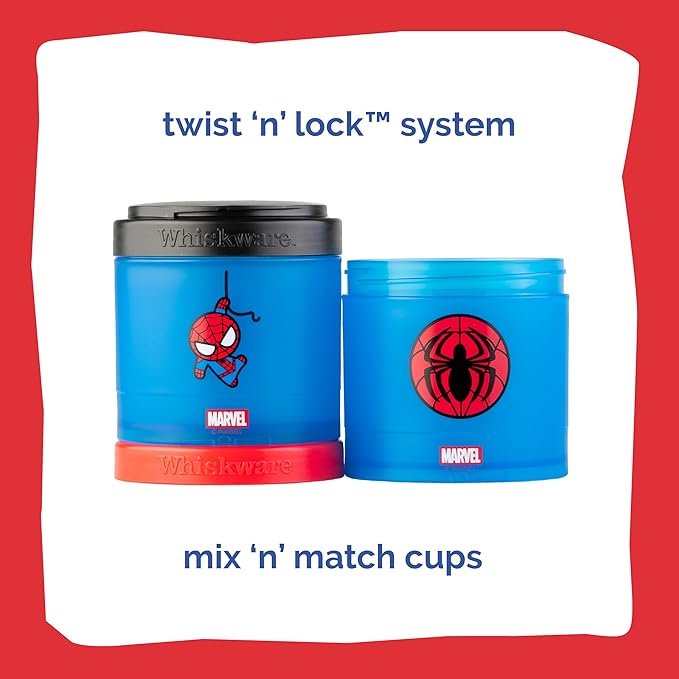 Whiskware Marvel Stackable Snack Containers for Babies, Kids, and Toddlers, 3 Stackable Snack Cups for School or Travel, Formula Friendly, Cupholder Friendly, Spider-Man