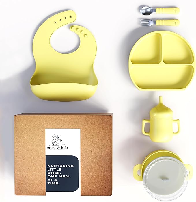 mimi & kiki BPA-Free Silicone Baby Feeding Set, Baby Plates and Bowls Set, Baby Led Weaning Supplies, Silicone Suction Plate, Baby Utensils, Bib and Cup, Self Feeding, Dishwasher Safe (Yellow)