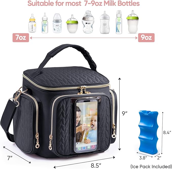 SFYBYHEART Breastmilk Cooler Travel Bag with Ice Pack for 6 Baby Bottles Up to 9 Ounce - Insulated Bottle bag for Daycare - Breastmilk Storage Bag - Baby Bottle Cooler Bag Attach to a Stroller