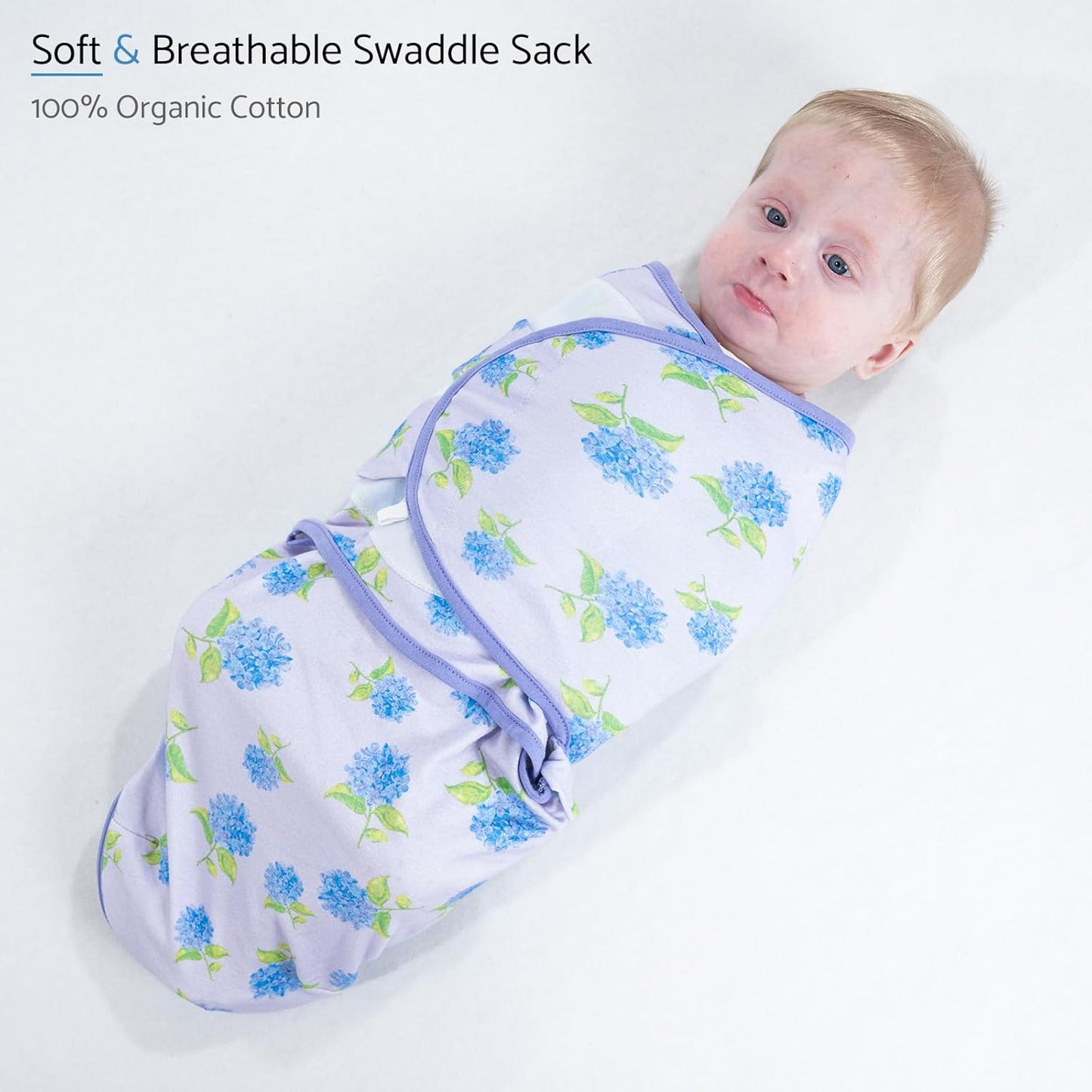 LollyBanks Baby Swaddles 100% Organic Cotton, 3-6 Months Baby Girl Swaddles with Easy Change Zipper, Swaddle Sack for Newborn Girls (Hydrangea Print)