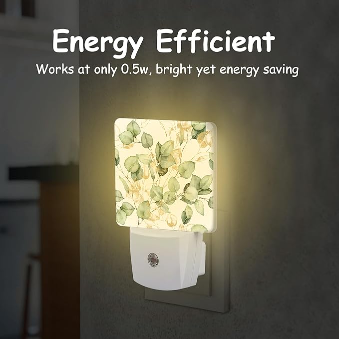 Night Light,Watercolor Eucalyptus Leaf Plug-in Night Light Auto Dusk-to-Dawn Sensor Gold and Green Leaves Energy Efficient LED Lamp for Room Decor,Hallway,Kitchen,Bathroom,Nursery,Stairs