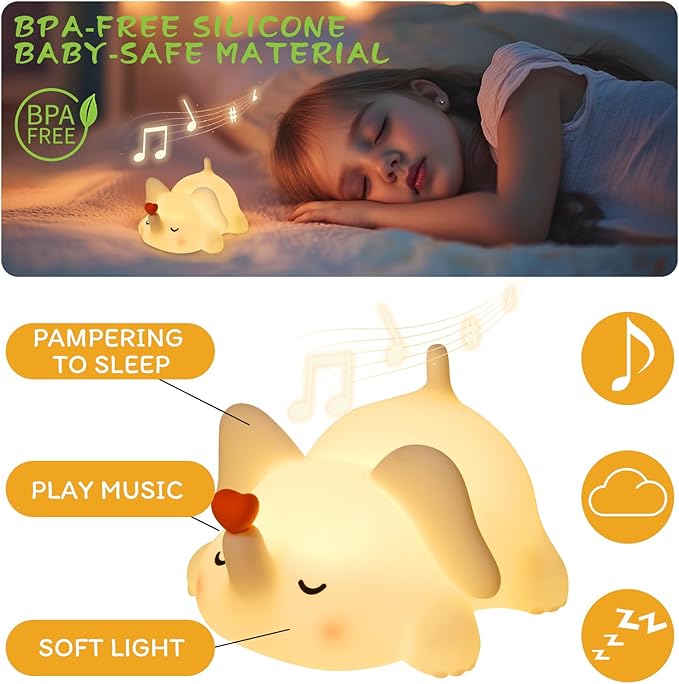 Elephant Night Light for Kids with Music - Squishy Silicone Nursery Lamp, Cute Animal Light 3-Level Dimmable & Rechargeable for Baby Bedroom