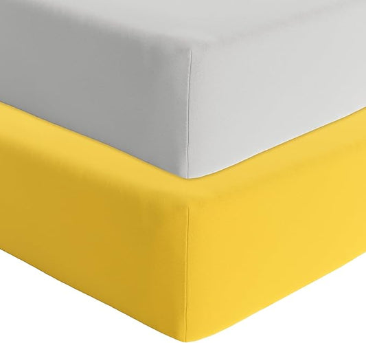 Featherhead™ 2-Pack Fitted Crib Sheets - 100% Cotton - 52" x 28" x 9" for Standard Crib and Toddler Mattress (Percale Grey Yellow)