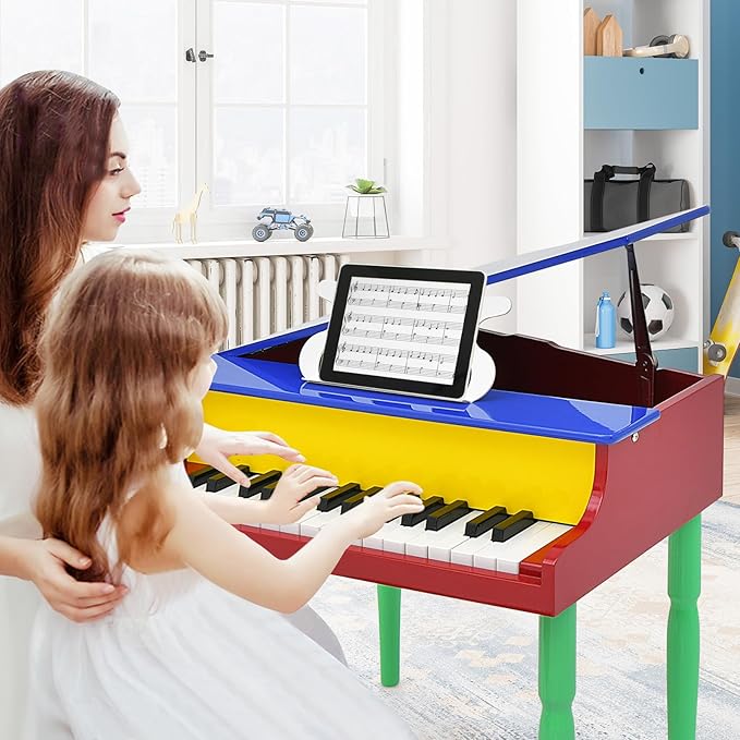 Goplus 30-Key Classical Kids Piano, Mini Grand Piano Wooden Learn-to-Play Musical Instrument Toy with Bench, Piano Lid, Music Rack, Gift for Boys Girls Aged 3+ Baby Toddler (4 Straight Leg-Colorful)