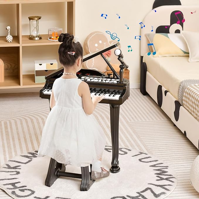 HONEY JOY Classical Kids Mini Grand Piano w/ Music Stand & Stool, Portable Electronic Piano Educational Musical Instrument Toy w/ Microphone, Lights, Gift for Kids (Black, 37 Keys)