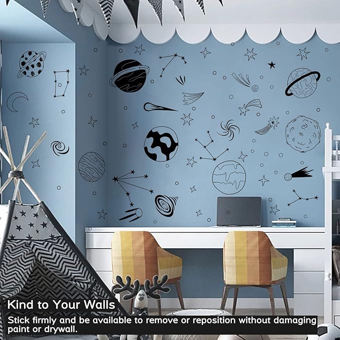 Space Themed Nursery Wall Decals Kids Room Wall Art, Outer Space Nursery Decals, Star Decals, Kids Room Decor, Nursery Decor, Planets Wall Stickers for Boys Bedroom Playroom Wall Decor