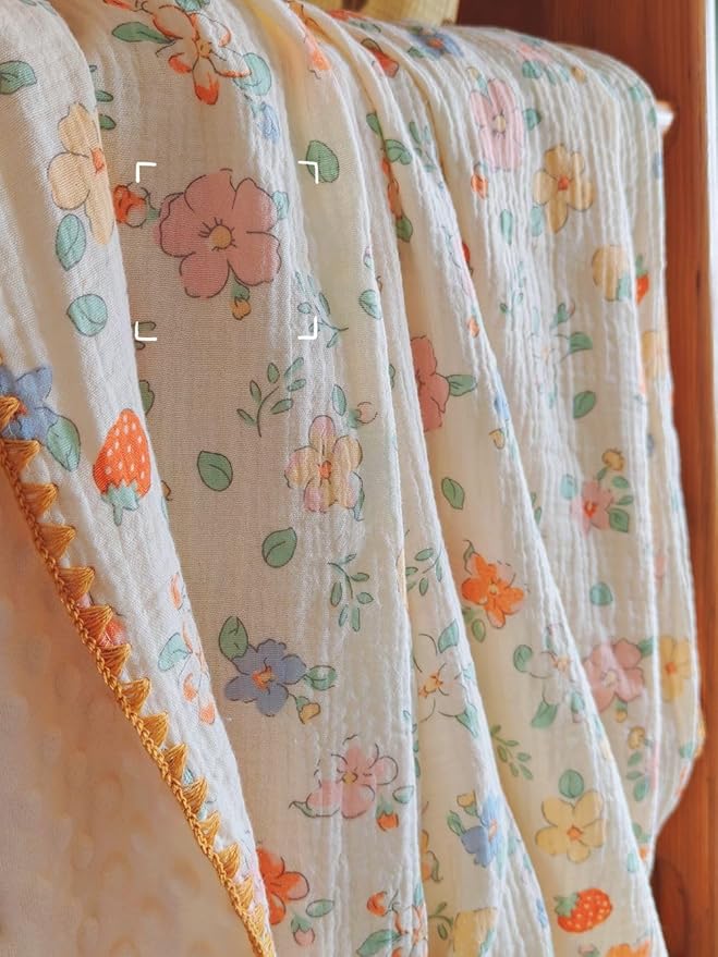 Baby Swaddel Blanket Cotton Muslin Thick Crib Bedding Dotted Backing Double Layer Receiving Blanket 40"x40" (Strawberry Flower)