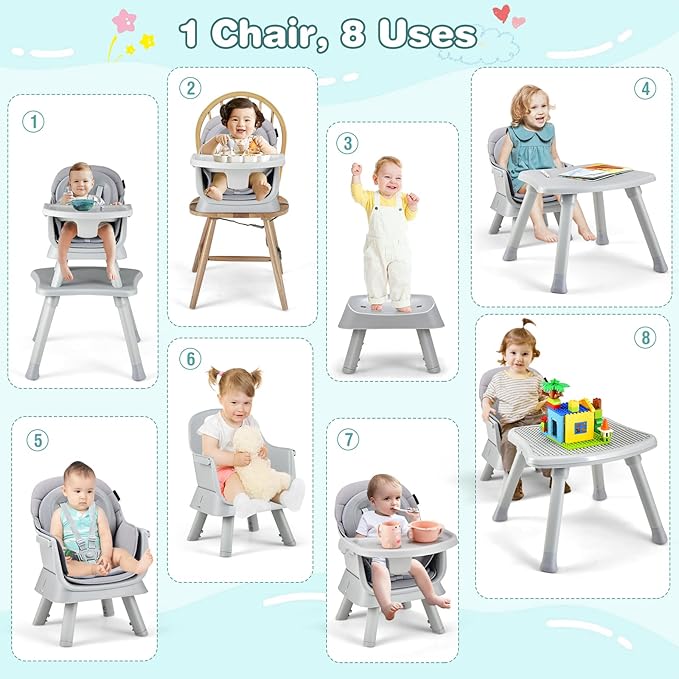 KOTEK Baby High Chair, 8 in 1 Convertible Highchairs for Babies and Toddlers, Building Block Table, Booster Seat, Toddler Chair with Removable Tray, Safety Harness, Dual Cushions (Gray)