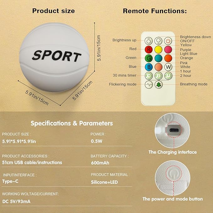 Glow in The Dark Basketball Silicone Night Light for Kids, Rechargeable 5.9 Inch Ball Night Lamp 9 Colors Dimmable with Remote and Timer, Light Up Basketball Gifts for Boys 8-12 Girls Men