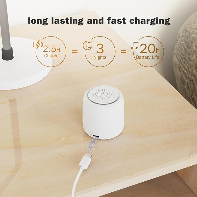 White Noise Machine | Paussion Long-Lasting Fast Charging Portable Travel Mini Sound Machine with 25 Soothing Sounds for Adults, Kids, and Babies | Auto Timer, Travel, Sleep, Baby, Fan - White