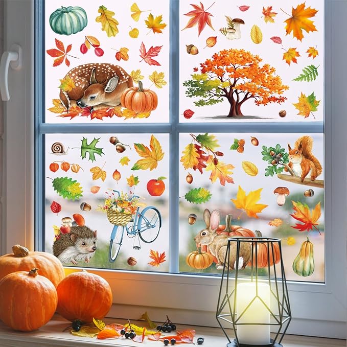 Fall Window Clings 9 Sheets Large-Size Window Clings for Glass Windo Decoration Autumn Leaves Animals Woodland Thanksgiving Decor Home Bedroom Nursery Room Windo Decals