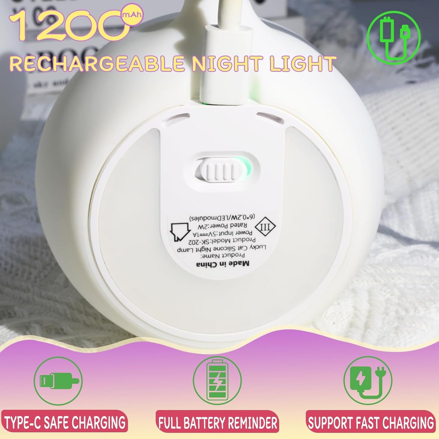 Cat Night Light for Nursery, Silicone Rechargeable Night Light with Timer & 3 Modes, Touch Control Kids Bedroom Light (Cute Cat Design)