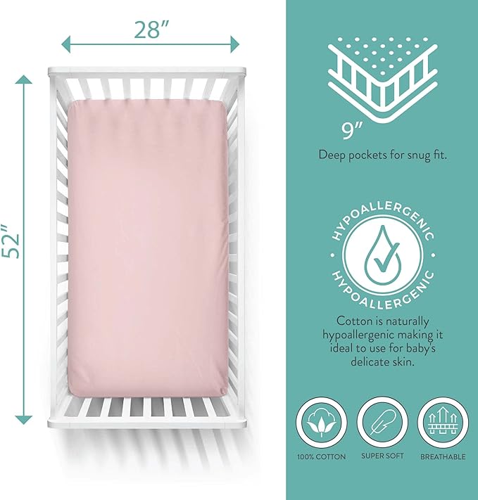 Featherhead™ 2-Pack Fitted Crib Sheets - 100% Cotton - 52" x 28" x 9" for Standard Crib and Toddler Mattress (Percale Pink)