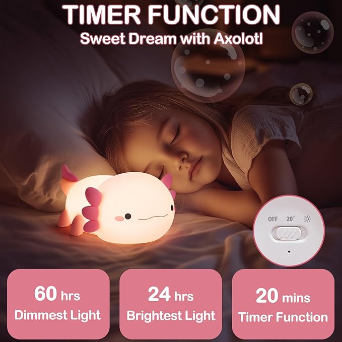 Axolotl Lamp, Axolotl Cute Night Light Gifts, Rechargeable Bedside Nightlight, Dimmable Squishy Silicone Animal Touch Lamp, Baby Room Decor, Pink Night Light for Kids Teens Girls Lovers