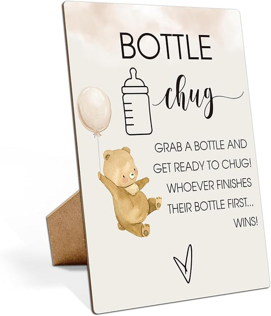 Baby Shower Games Bottle Chug Sign-8x11 Inches Little Bear Wooden Sign Baby Gift for Baby Shower Gender Reveal Party, Gender Neutral Baby Bottle Shower Party Games Favors Supplies-6