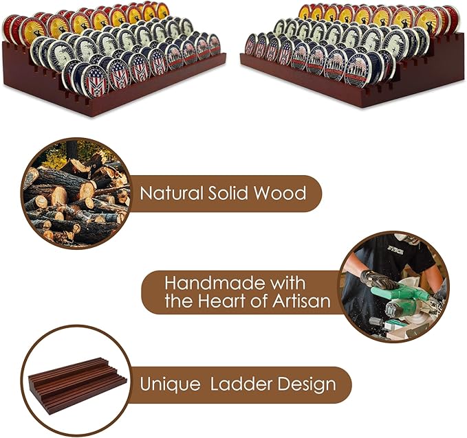 100% Solid Wood Challenge Coin Display Stand,Three-Tier Coin Rack Military Coins Display Holders Shelves,9 Row Wooden Army Collectible Coins Holder Case Holds 60-75 Coins