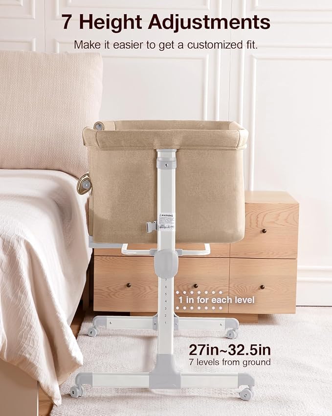 Larex Baby Bassinet, 3 in 1 Bassinets Bedside Sleeper for Newborn, Portable Crib Adjustable 7 Height Bedside Bassinet with Mattress and Wheels Khaki