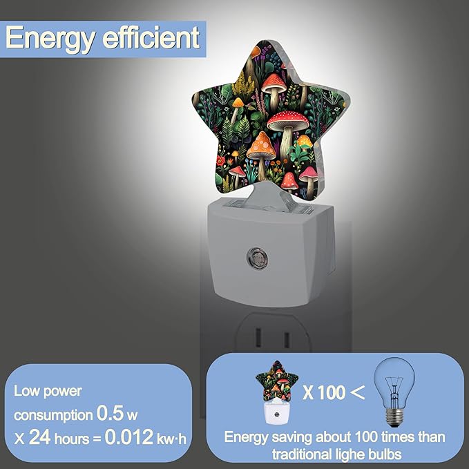 Mushroom Forest Nightlight,Cute Floral Plant Star Night Lights Plug into Wall Decorations for Bedroom Bathroom,Dusk to Dawn Sensor Kitchen Hallway Stairs Energy Efficient Desk Lamp