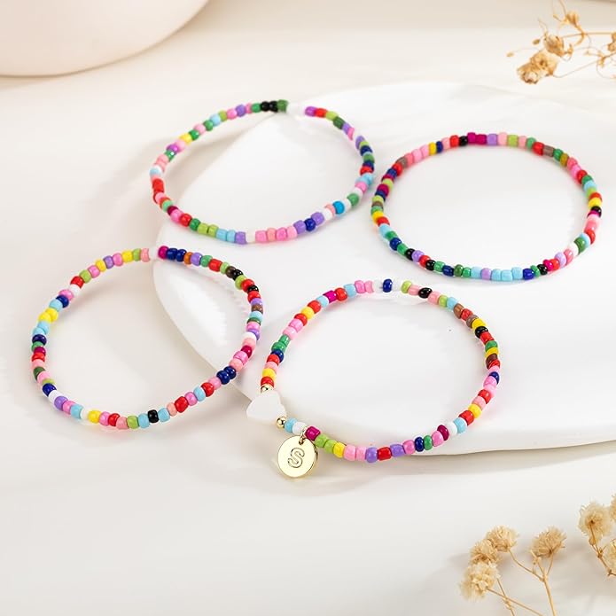 M MOOHAM 4PCS Initial Bracelets for Women Girls - Colorful Beaded Bracelet Heart Initial Bracelet for Women Stackable Layered Boho Bracelets Jewelry Gifts for Kids Teen Girl