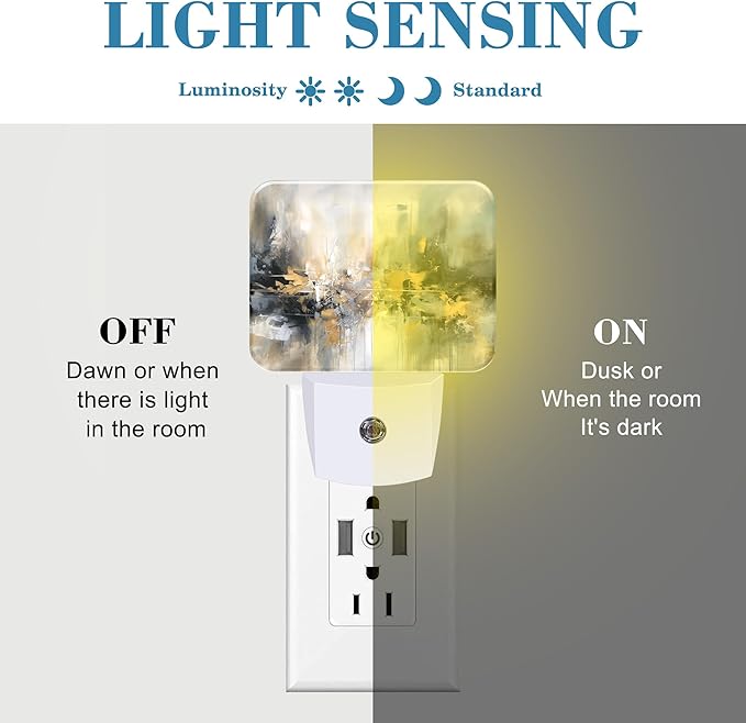Modern Abstract Oil Painting Night Light, Gray Golden Painting Nightlight Plug into Wall with Dusk to Dawn Sensor for Kid Girls Boys Women Men Bedroom,Hallway,Kitchen,Bathroom,Stairs Decor