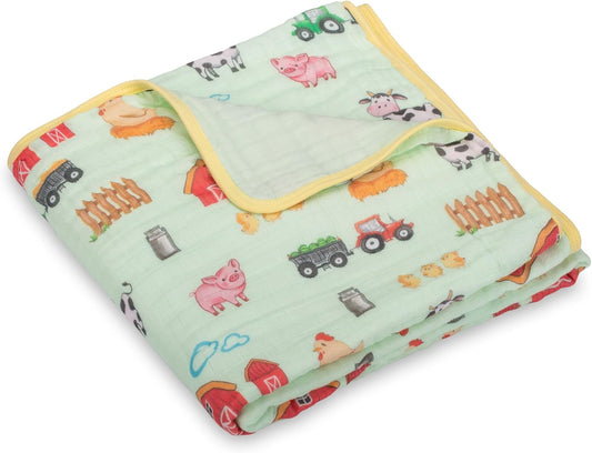 LollyBanks Muslin Baby Blanket 100% Organic Cotton, Muslin Quilt Lightweight, 6 Layers Soft Blanket Neutral, 47"x 47" Toddler Blankets for Girls and Boys, Nursery Receiving Blankets (Farm Theme Print)