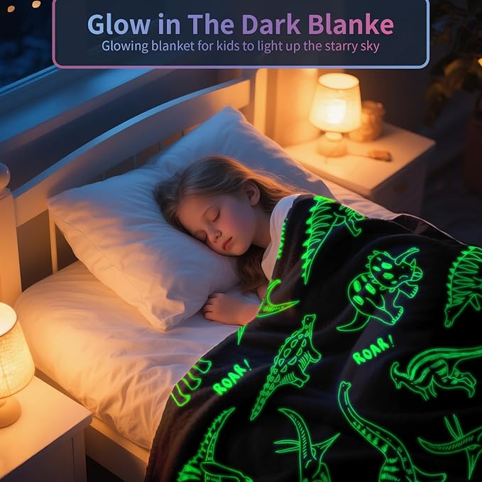 TEHALK Dinosaur Glow in The Dark Blanket for Boys/Girls/Toddler/Baby, Dinosaur Toys for Boy Age 3-12, Cute Funny Kids Throw Blanket for Birthday/Gifts 50"x 60"