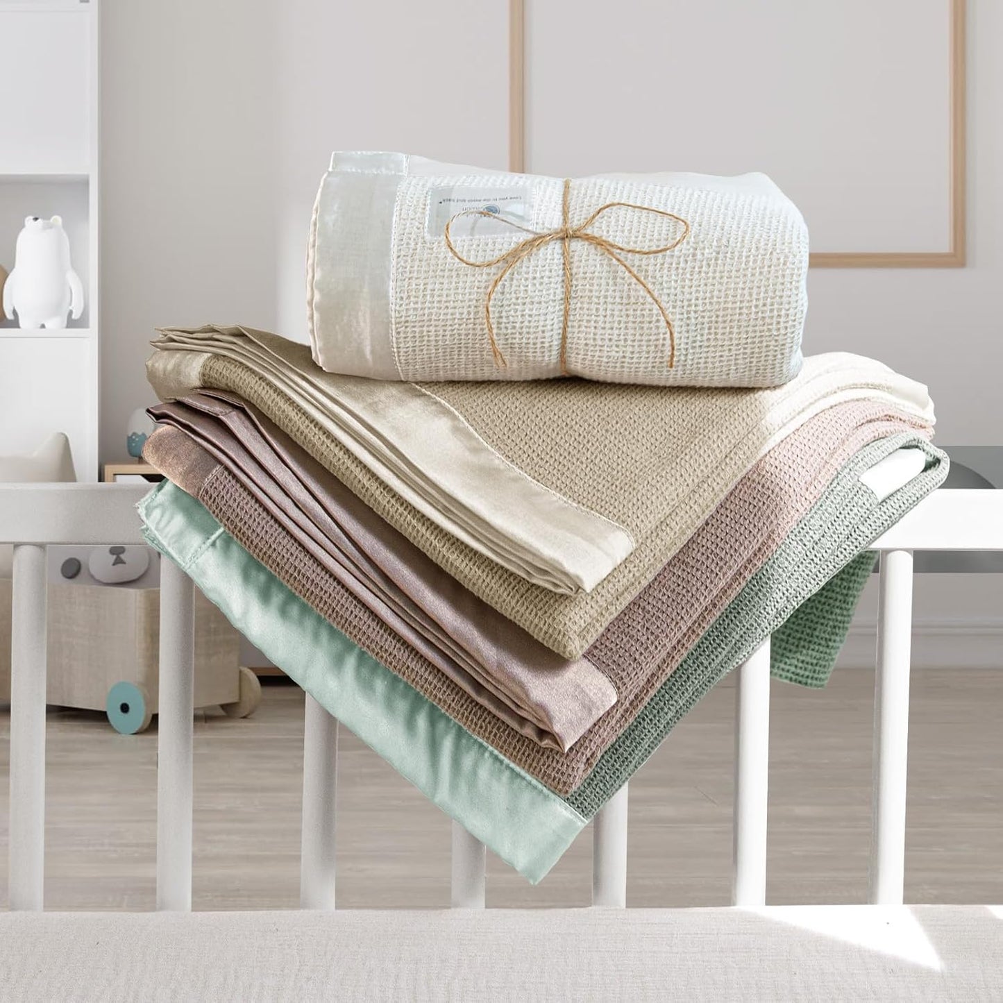 lulumoon Swaddle Baby Blanket: Waffle Blanket with Satin Trim - Soft Breathable Toddler Blankets Perfect for Nursing Cover and Playtime - Cotton Crib Quilt for Daytime Naps 40"x36"(Oat)