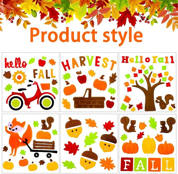 XIMISHOP 6sheet Fall Gel Window Clings, Maple Leaf Harvest Pumpkin Fox Thanksgiving Gel Window Stickers Decoration Decals for Halloween Window Decor