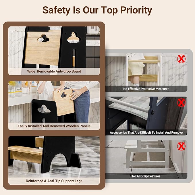 COSYLAND Toddler Standing Tower Adjustable Height - Super Stable Kids Kitchen Stool Helper - 3 Levels Adjustable Wooden Toddler Kitchen Stool (Natural & Black)