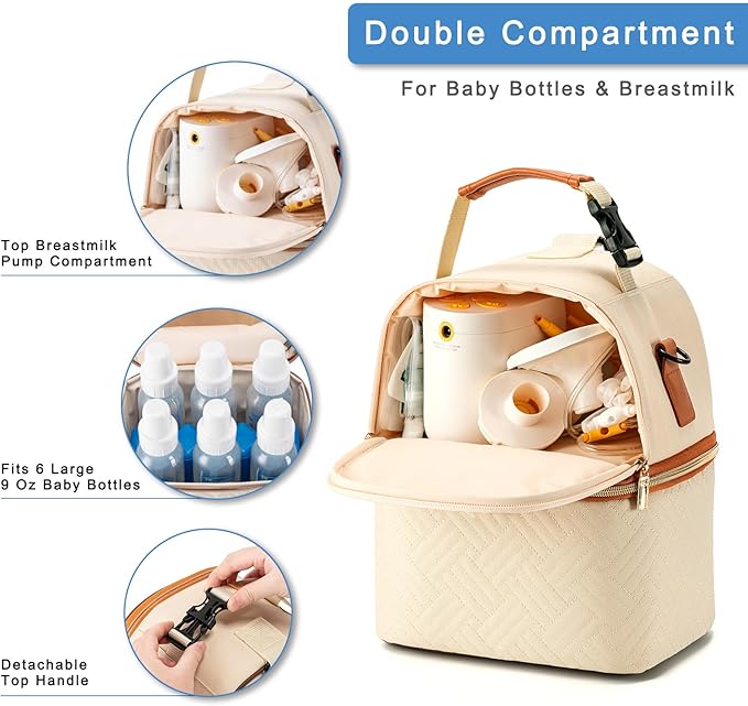 Breastmilk Cooler Bag with Ice Pack & Mat Fit 6 Bottles Up to 9 Ounce, Breast Milk Pump Cooler Bag for Moms Daycare,Work&Travel, Cream