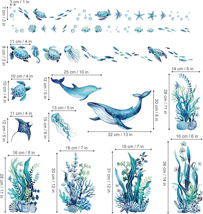 decalmile Under The Sea Marine Animal Double Sided Window Clings Seaweed Sea Animal Whale Turtle Fish Anti-Collision Glass Doors Window Stickers Decals