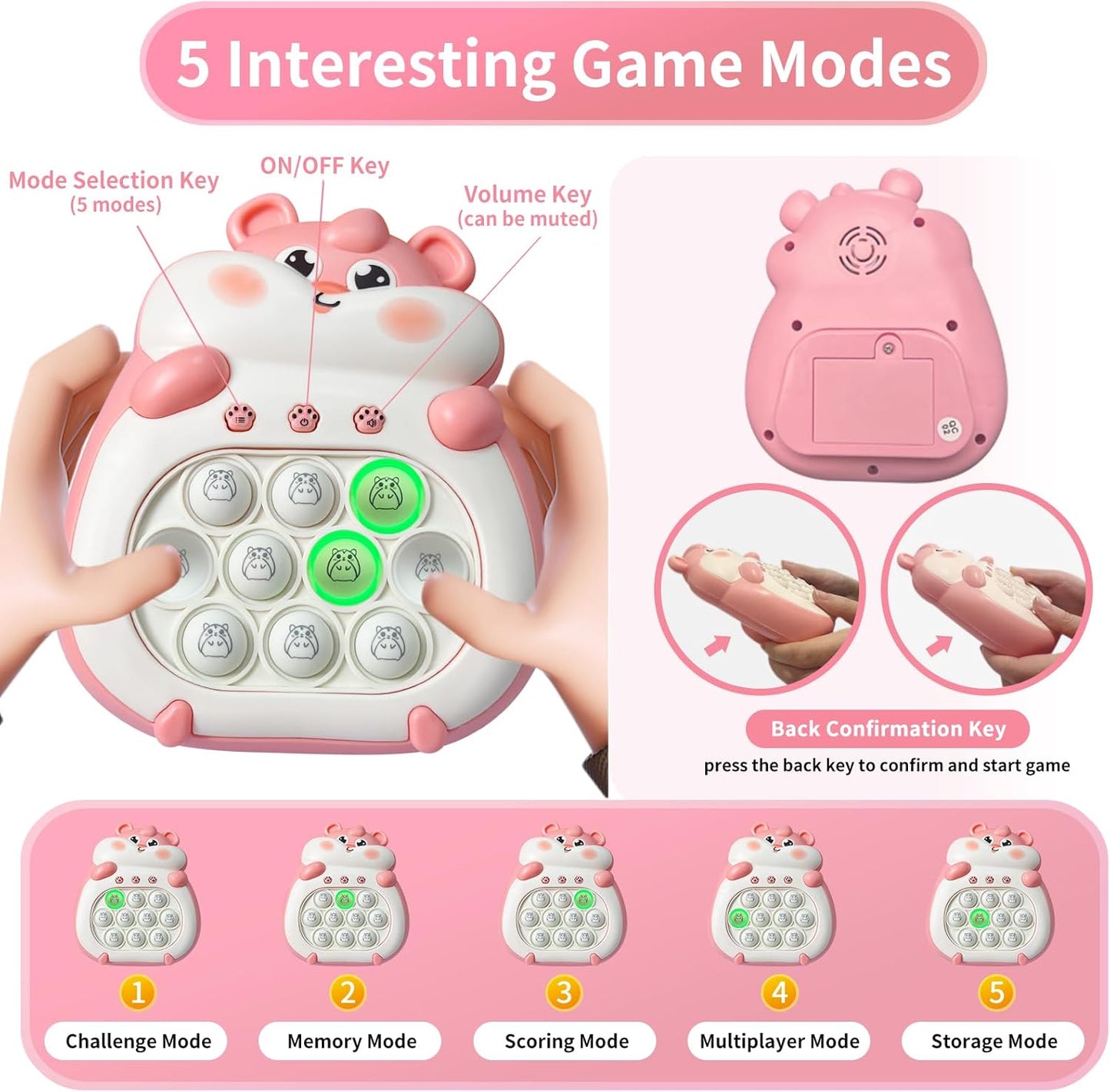 Pop Quick Push Game Light Up Fidget Toys Handheld Puzzle Press Popping Game Console for Kids Ages 3+ Adult Pink Hamster