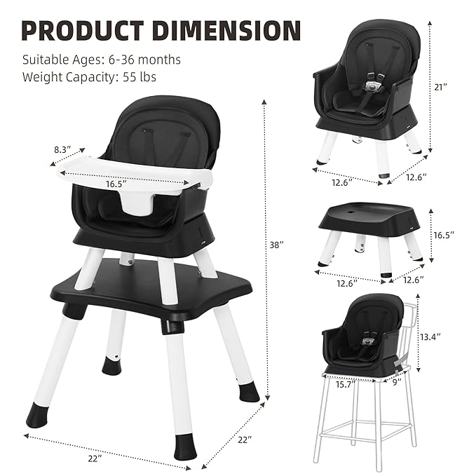 8 in 1 Baby Highchair, Convertible High Chair for Babies and Toddlers, Booster Seat w/5-Point Safety Belt, Toddler Building Block Table, Dishwasher Safe Tray, No Tool Install, Black