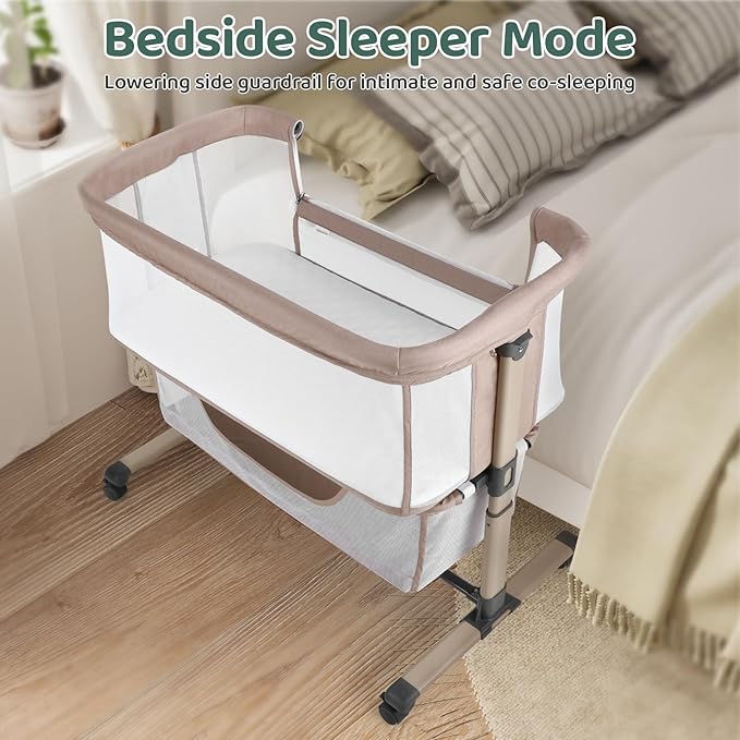 Cowiewie Bassinet Bedside Sleeper, Portable, Breathable, Adjustable Baby Bedside Bassinet for Peaceful Nights, Beige