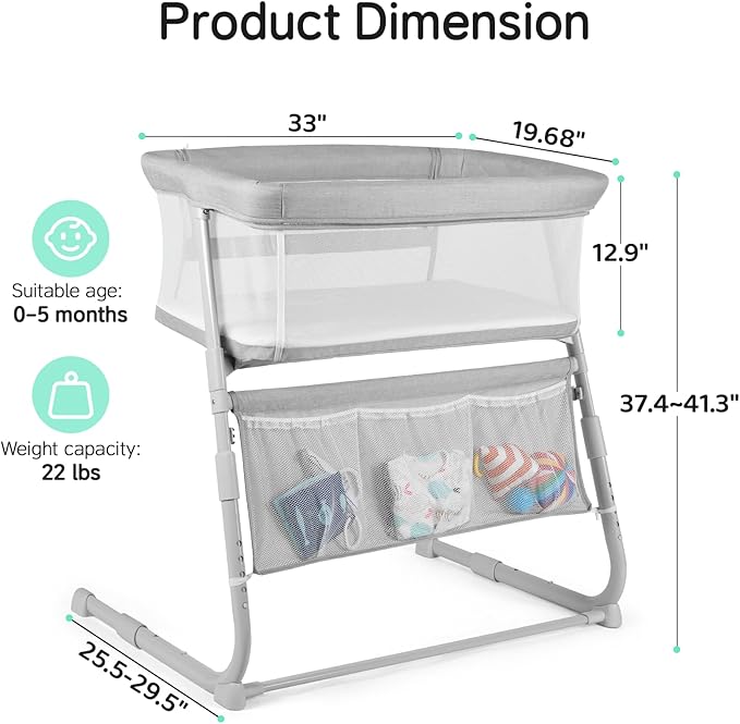 Cowiewie Bassinet Bedside Sleeper,Baby Bassinets Higher Place on Bed,5-Position Adjustment Baby Crib,Breathable 360°All-Around Mesh Sides Bedside Bassinet,Space-Saving Bedside Cribs, (Light Grey)