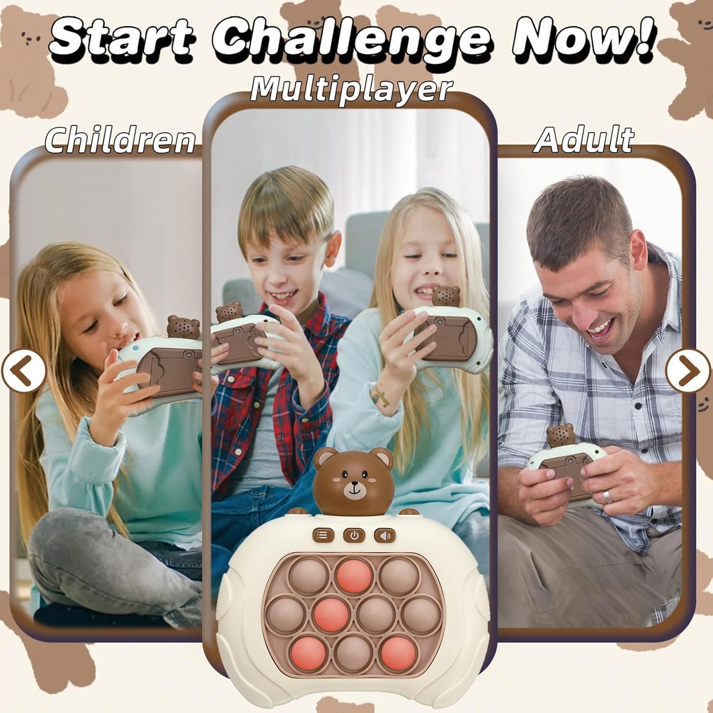 Quick Push Bubble Game Machine, Pop Game Puzzle Educational Console, Light Up Handheld Squeeze ADHD Stress Relief Fidget Toys for 3+ Boys Girls Kids Adults Birthday Christmas 4 Modes, Bear Animal