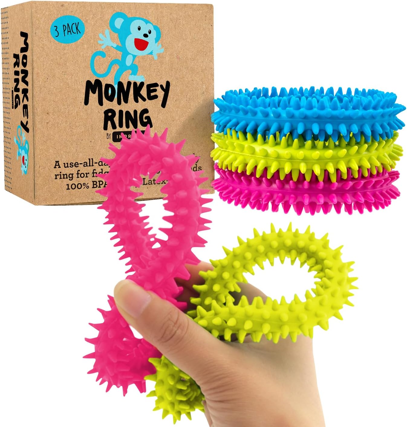 IMPRESA Spiky Sensory Rings from The Original Monkey Noodle - 3 Pack - Fidget Bracelet Toys for Kids with Unique Needs - Fosters Creativity, Focus, & Fun-Great for Classrooms, Home & Playtime Age 3+
