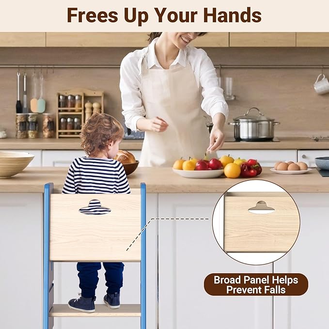 COSYLAND Toddler Standing Tower Adjustable Height - Super Stable Kids Kitchen Stool Helper - 3 Levels Adjustable Wooden Toddler Kitchen Stool (Natural & Navy Blue)