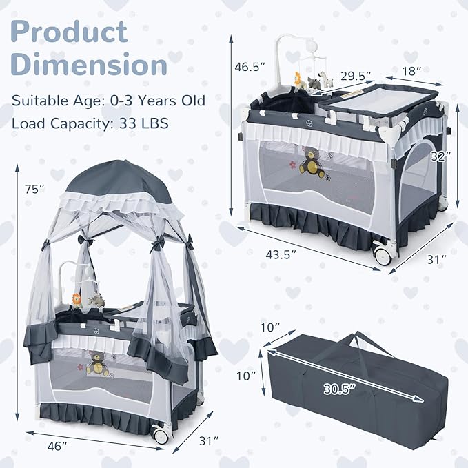 HONEY JOY 4-in-1 Pack and Play with Canopy, Portable Baby Playard w/Changing Table and Infant Bassinet Cute Toys & Music, Foldable Bassinet for Newborn and Toddler(Gray)