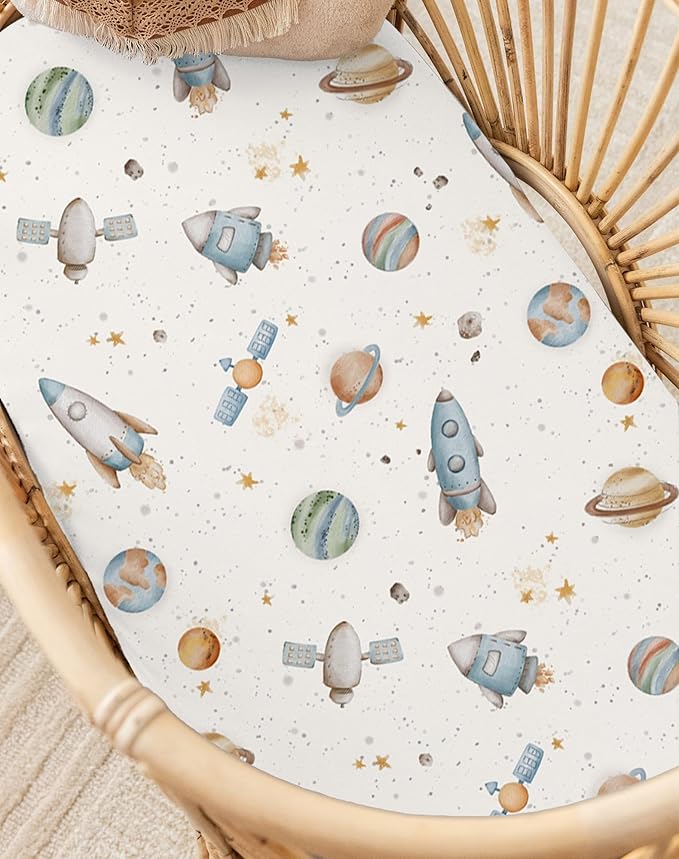 Bassinet Sheets for Baby Girls Boys 2 Pack, Fitted Baby Mattress Sheet for Rectangle, Oval, Hourglass Bassinet Mattress, Breathable Cozy & Universal Fit (Stellar Adventure)