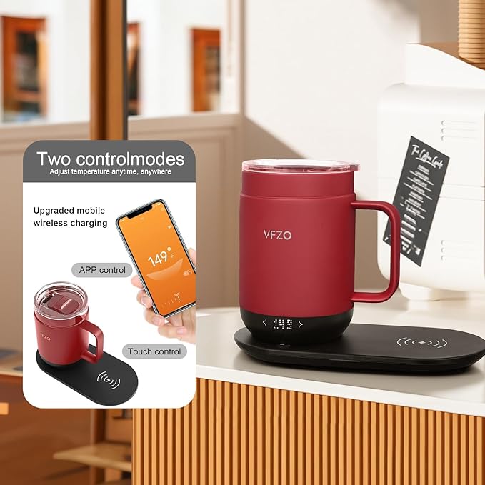 16Oz Temperature Control Smart Mug, Self Heating Coffee Mug LED Display, 180 Min Battery Life - Hot up to 149℉ Fast Wireless Charger Base Improved Design coffee serving sets (16oz, Burgundy)