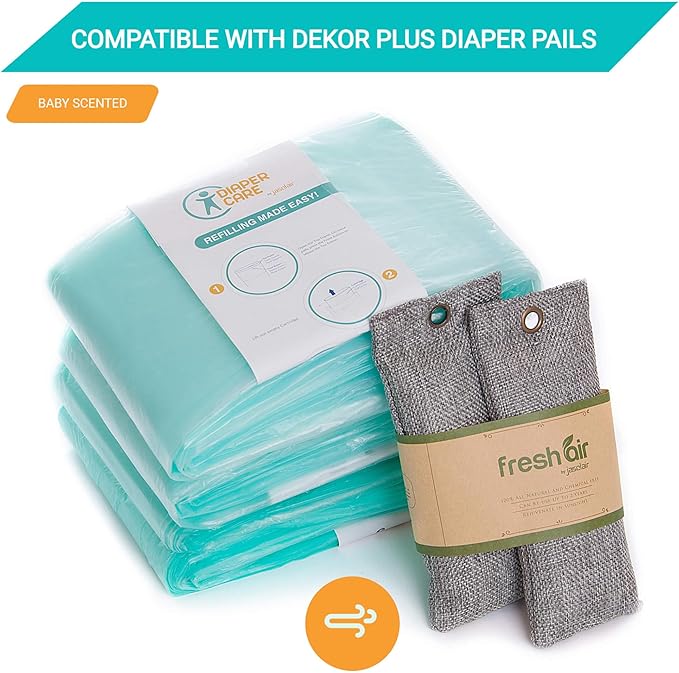 Jasclair Refill Bags Compatible with Dekor Plus Diaper Pail (4 Pack) | Odor-Locking Multi-Layer Liners | Light Baby Powder Scent | Leak-Resistant & Easy to Use | Not for Dekor Classic