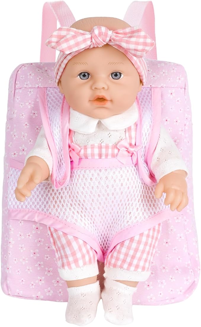 DONTNO 12 Inch Baby Doll with Clothes and Backpack Carrier,Newborn Doll Includes Clothes,Blanket,Pacifier,Bottle,First Gift for Toddlers 36 Months and Up