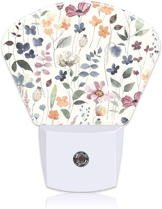 Watercolor Flowers Night Light for Kids Girls Boys, Leaves and Plants LED Night Light Plug into Wall with Dusk to Dawn Sensor for Bedroom, Hallway, Kitchen, Bathroom, Stairs Decor