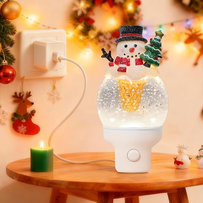 Christmas Snowman Night Light Plug into Wall Swirling Glitter USB Portable Christmas Decorative Night Light Decoration for Bedroom Kitchen Living Room Holiday Decor (Snowman Cookie Cone)